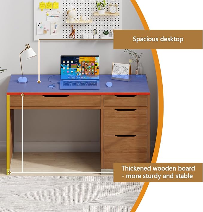 Small Desk with Drawers 52 Inch Computer Desk with Storage Home Office Desk with Filing Drawer for Bedroom Brown