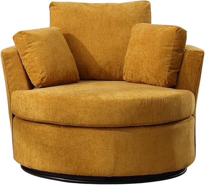 Swivel Barrel Chair Modern Fabric Oversized 360 Degree Club Accent Arm Chairs Single Round Living Room Sofa Chair w/ 3 Pillows for Nursery Bedroom Reading Office Yellow