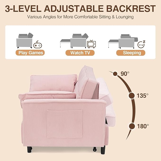 3 In 1 Corduroy Convertible Sofa BedPull Out Couch Bed with Reclining Backrest And 2 Pillows 54 Full Size Loveseat Sleeper Sofa Futon Couch Bed Couches For Small Spaces Living Room (Pink ①)