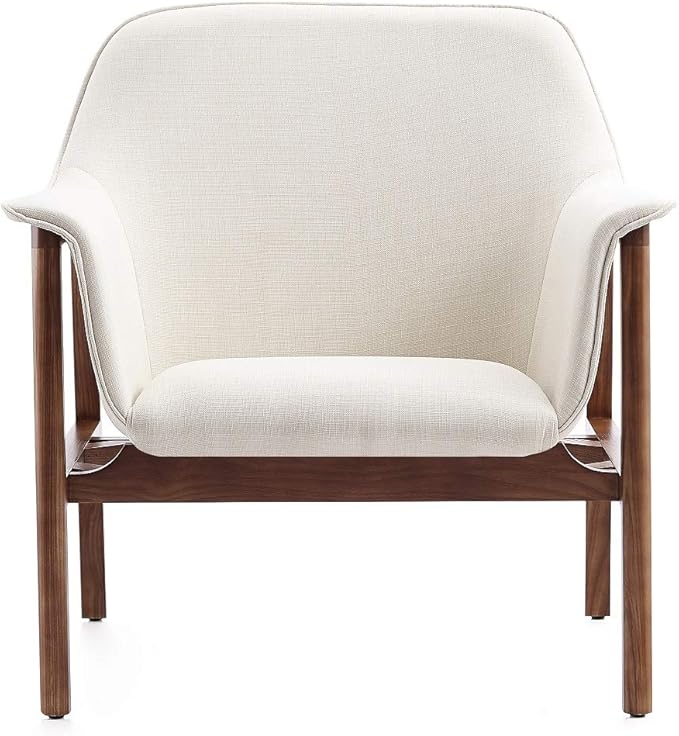 Manhattan Comfort Miller Mid Century Modern Accent Chair Linen Weave Upholstery Seamless Bucket Seat with Flared Arms Ideal for Living Room Bedroom &amp Office Use Fully Assembled Set of 1 Cre