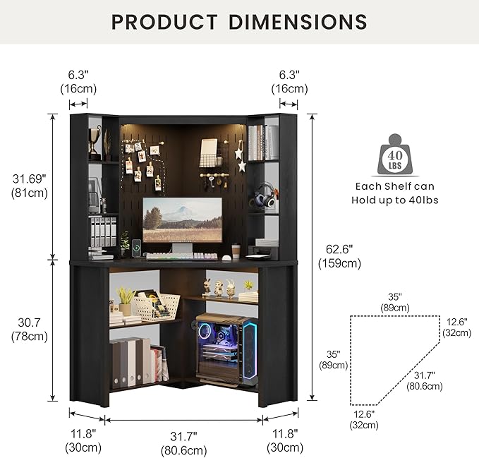 Lvifur Corner Computer Desk with LED Lights L Shaped Study Desk with Hutch &amp Shelves Triangle Home Office Desk with Charging Station for Work &amp Study File Cabinet Bookshelf for Small Space