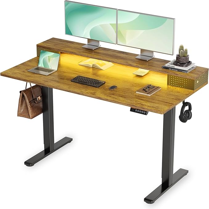 Claiks Electric Standing Desk with Shelf 55 Inch Height Adjustable Standing Desk with LED Lights &amp Monitor Stand Black Frame/Rustic Brown Top