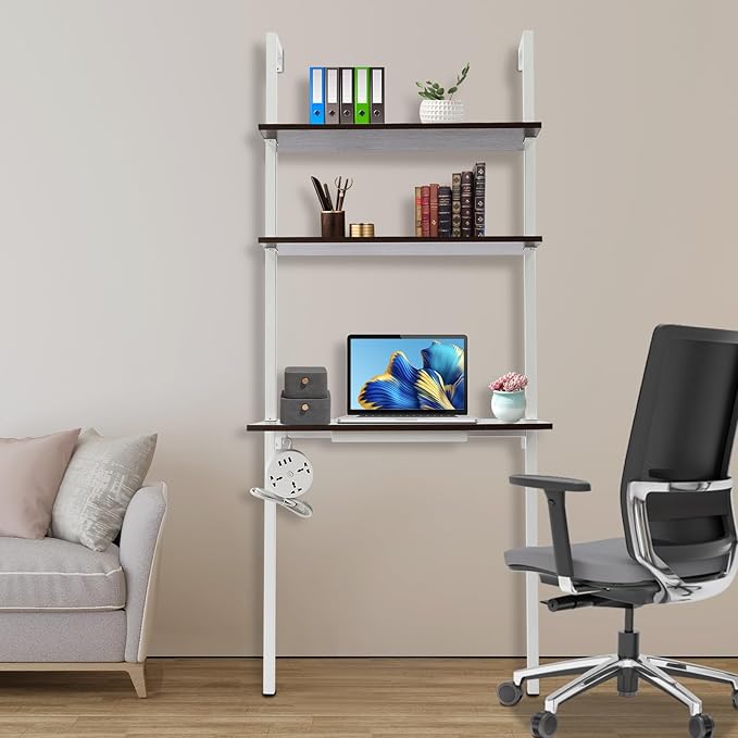 Wall Mounted Desk Computer Writing Table Industrial Wall Mount Ladder 3 Tier Computer Desk for Home Office Student Dormitories (Brown+White)