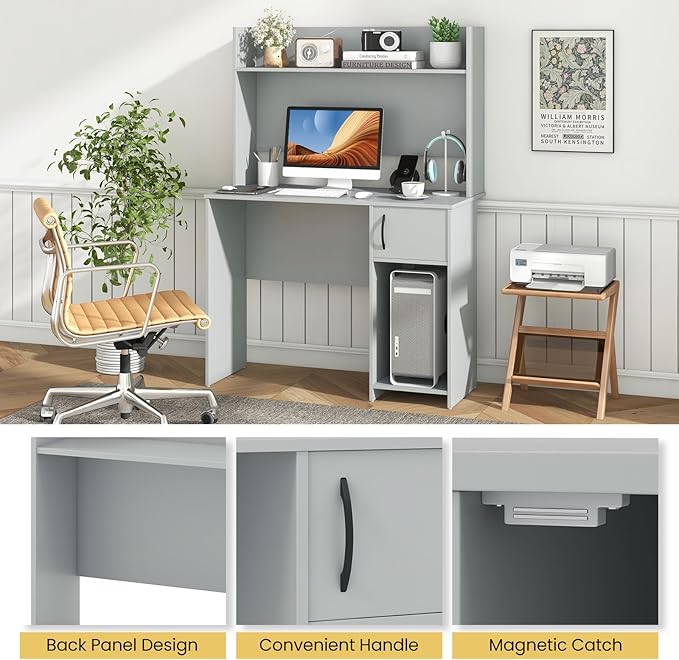 COSTWAY Computer Desk with Hutch Home Office Desk with Adjustable Shelf Modern Writing Table PC Desk with CPU Stand &amp Door Cabinet 2 Cable Management Holes Workstation for Bedroom Study Off