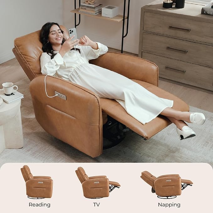 CHITA Faux Leather Power Recliner Chair Swivel Glider Recliner for Adults Nursery Rocking Chair with USB &amp Type-C Charging for Living Room Bedroom Camel