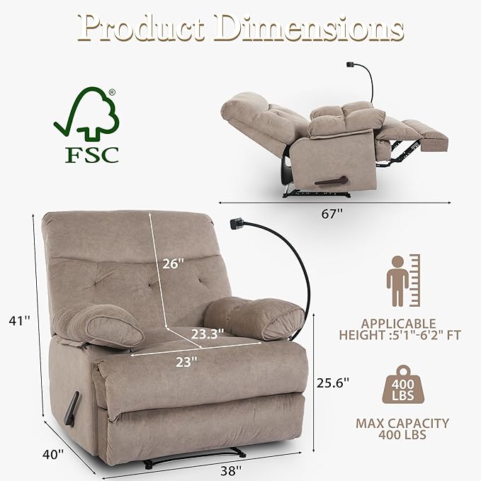 Adjustable Oversized Recliner Chair for Adults Manual Big Man Recliners 400lbs with Phone Holder Tall Man Recliner for Bedroom Living Room and Home Theater Brown