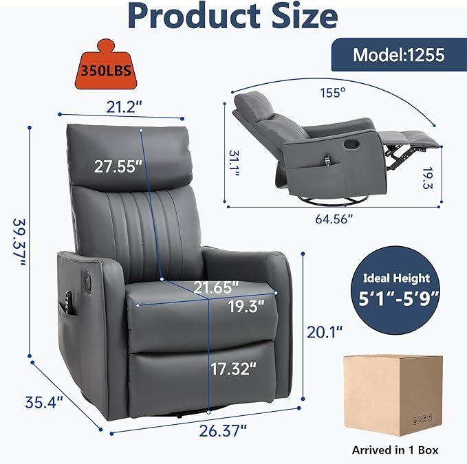 Massage Recliner Chair with Heat Slim Recliners for for Adults Swivel Rocking Chair Recliner with High Back Small Recliner Chair for Small Spaces Living Room Adjustable Footrest (Dark Grey)