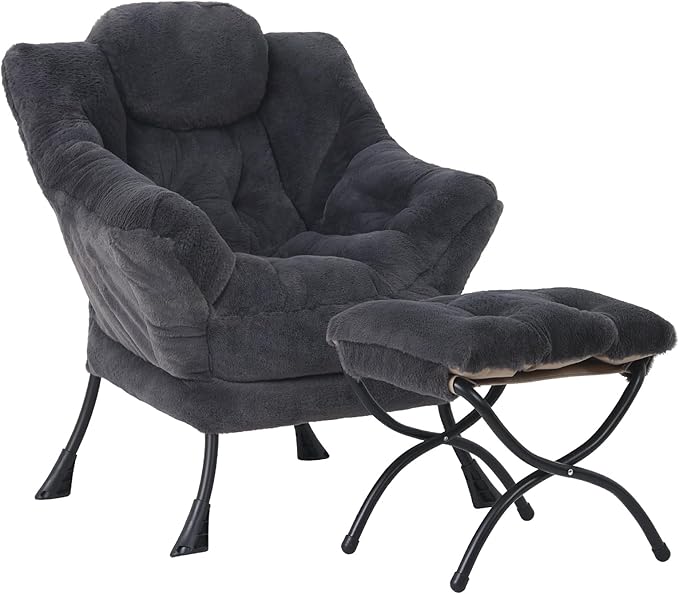 Lazy Chair with Folding Ottoman Modern Accent Lounge Armchair with Armrests and a Side Pocket &amp Foldable Footstool Leisure Reading Chair for Living Room Bedroom Dorm &amp Office Plush Navy