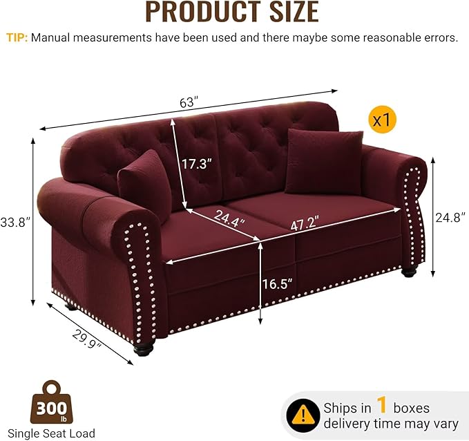 Burgundy Velvet Sofa with Button-Tufted Back &amp Nailhead Trim Mid-Century Chesterfield Style 63 Upholstered Loveseat Couch Rolled Arm Design with 2 Decorative Pillows