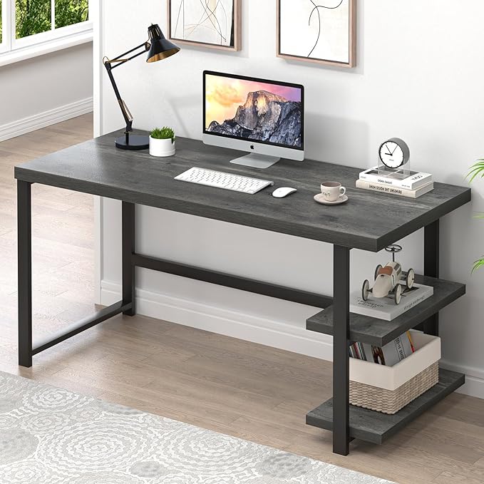 EXCEFUR Industrial Computer Desk Home Office Desk with Storage Shelves Wood Study Writing Table for Bedroom Living Room Grey 53 Inch