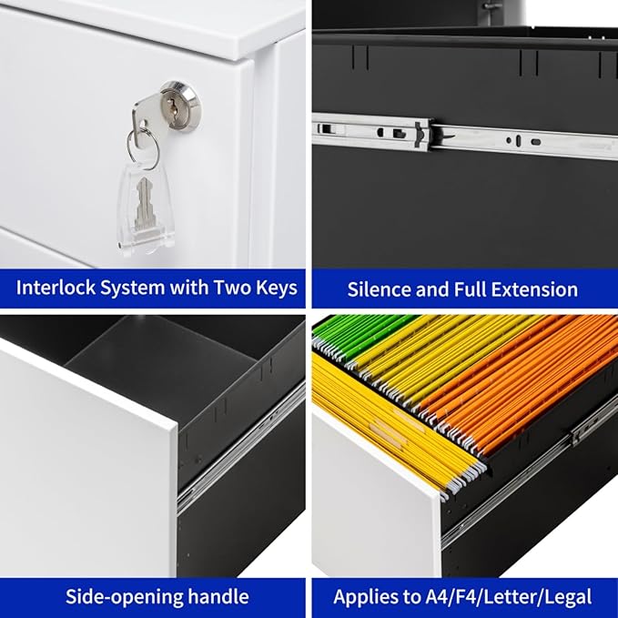 Mobile File Cabinet with Lock 2 Drawer Steel Filing Cabinet for Legal/Letter/A4/F4 Files Fully Assembled Except Wheels Cold-Rolled Metal Full Extension Drawers (White 1-2 Drawers)