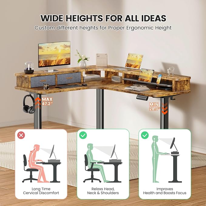 Flycity Electric L Shaped Standing Desk with Drawers 63 x 55 Corner Standing Desk Adjustable Height Stand Up Home Office Desk Dual Motor Sit Stand Desk with 3 Memory Preset &amp Lock Brown