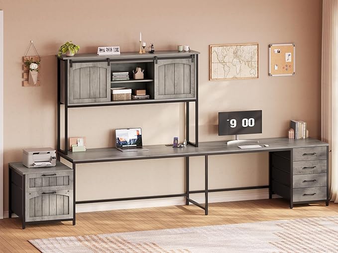 SEDETA Farmhouse L Shaped Office Desk with 6 Drawer Reversible Computer Desk with Power Outlet Hutch for Home Office/Two Person Corner Desk with File Drawer &amp Printer Storage Shelves Grey