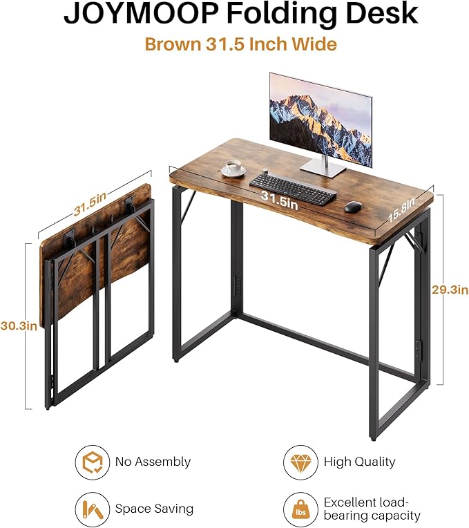 JOYMOOP Folding Desk Rustic Brown - 31.5 No Assembly Small Foldable Desk for Home Office Wooden Top Folding Computer Desk for Working Writing Studying