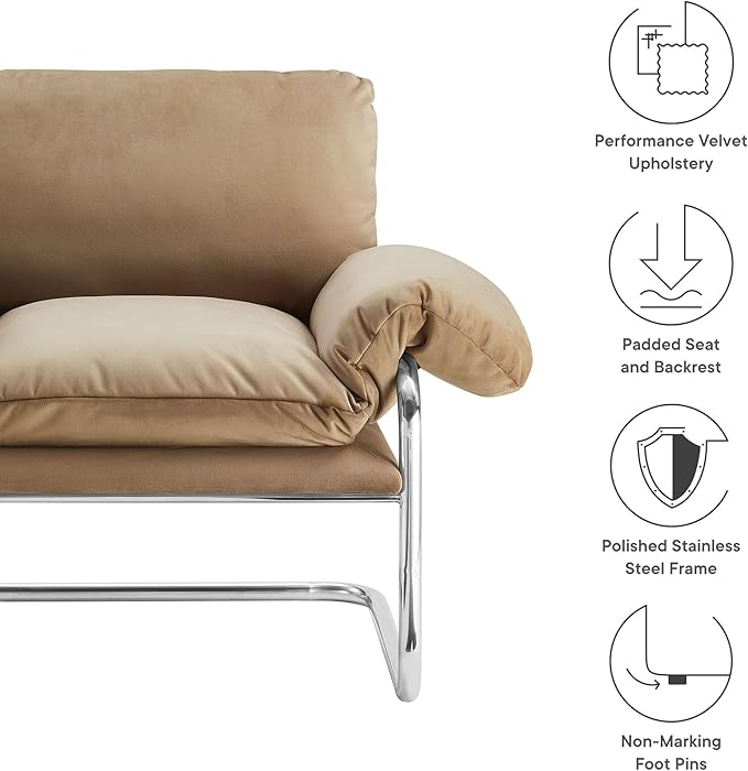 Modway Ansel Performance Velvet Accent Chair in Taupe - Stain-Resistant Velvet Lounge Chair for Living Room Bedroom - Corner Reading Chair with Arms and Removable Cushions