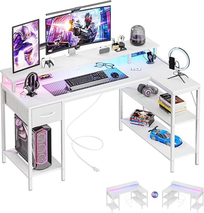 DUMOS 53” Gaming Desk with USB Charging Ports &amp LED Lights Reversible L Shaped Desks Computer Corner Gamer Table with Power Outlets Monitor Stand Storage Shelves for Home Office Small Space Whit