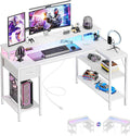 DUMOS 53” Gaming Desk with USB Charging Ports &amp LED Lights Reversible L Shaped Desks Computer Corner Gamer Table with Power Outlets Monitor Stand Storage Shelves for Home Office Small Space Whit