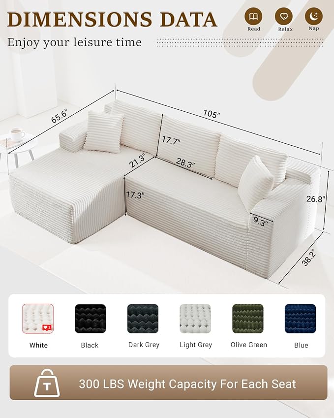 105 Inch Modular Sectional SofaModern Cloud Sectional Couch with Deep SeatCorduroy Boneless Couches with L-Shape Chaise for Living Room BedroomNo Assembly Required (White Left Facing Chaise)