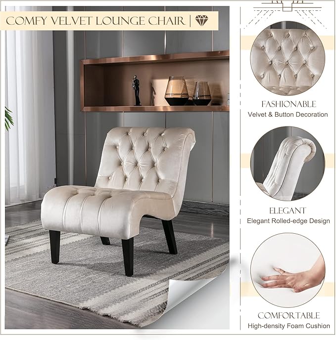 KINFFICT Velvet Accent Lounge Chair for Living Room Modern Leisure Chair with Tufted Backrest Indoor Armless Side Chair Upholstered Bedroom Sleeper Chairs with Solid Wood Legs