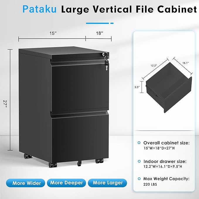Pataku 2 Drawer File Cabinet Small File Cabinets with Lock Metal Rolling Filing Cabinet with 2 Drawer Filing Cabinets for Home Office Fit A4/Letter/Legal Easy Assembled Black