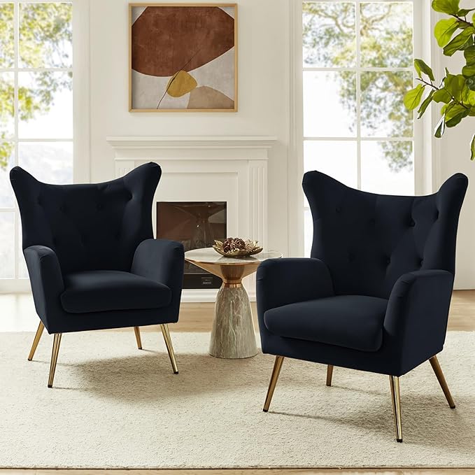 HULALA HOME Velvet Accent Chair Set of 2 Modern Wingback Arm Chair with Metal Gold Legs Velvet Tufted Upholstered for Living Room Bedroom(Black)