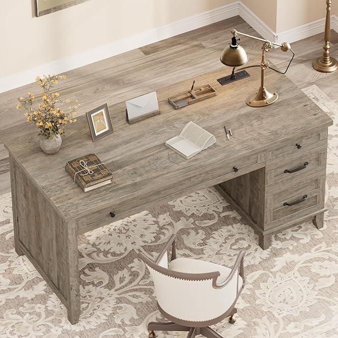Farmhouse Home Office Desk with Power Outlets &amp USB Ports 53.5 Inch Writing Desk with Adjustable File Cabinet and Storage Drawers Executive Computer Desk for Study Workspace