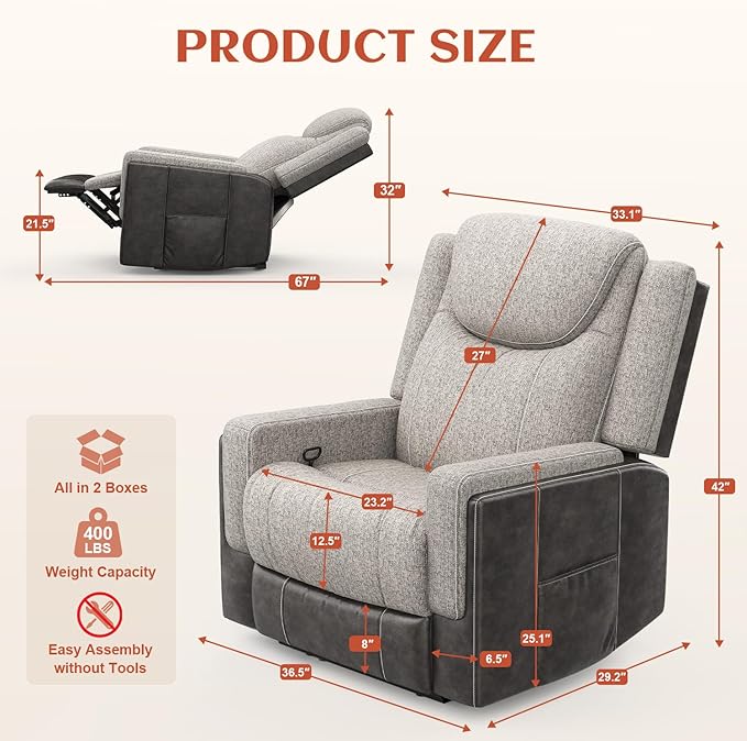 Oversize Manual Recliner Chair for Adults Extra Wide Single Reclining Sofa Chair with Ergonomic FSC Certified Grey Linen-Blend &amp Chocolate Leather Scandinavian Chic for Living Room RV
