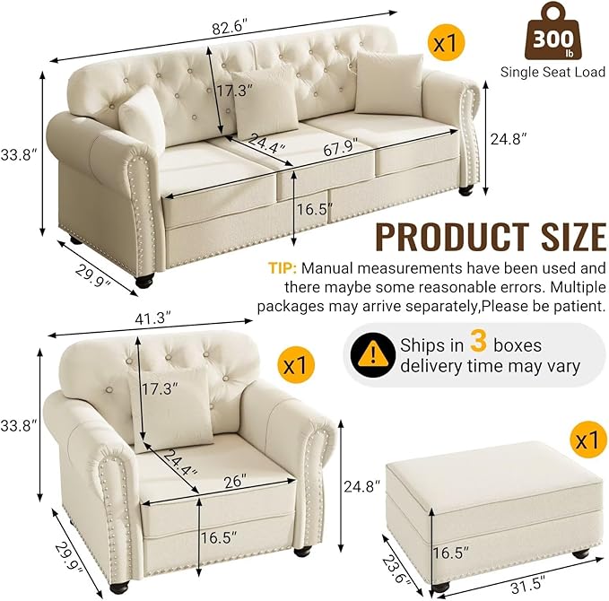 Beige Velvet Chesterfield Sofa Set with Button Tufting &amp Nailhead Trim 3-Seater Sofa 1-Seater Armchair &amp Ottoman Rolled Arms Modern Classic Living Room Furniture for Cozy Home Decor