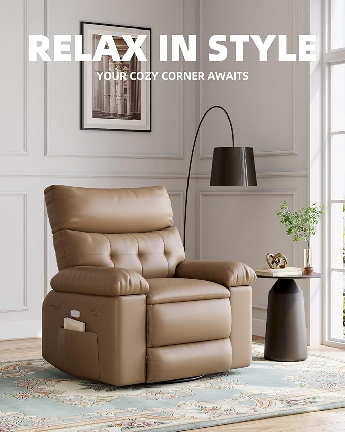 GarveeHome Electric Swivel Massage Chair Power Rocking Recliner with Vibration and Heating Overstuffed PU Leather Single Sofa with USB Port and Storage Glider for Living Room Nursery