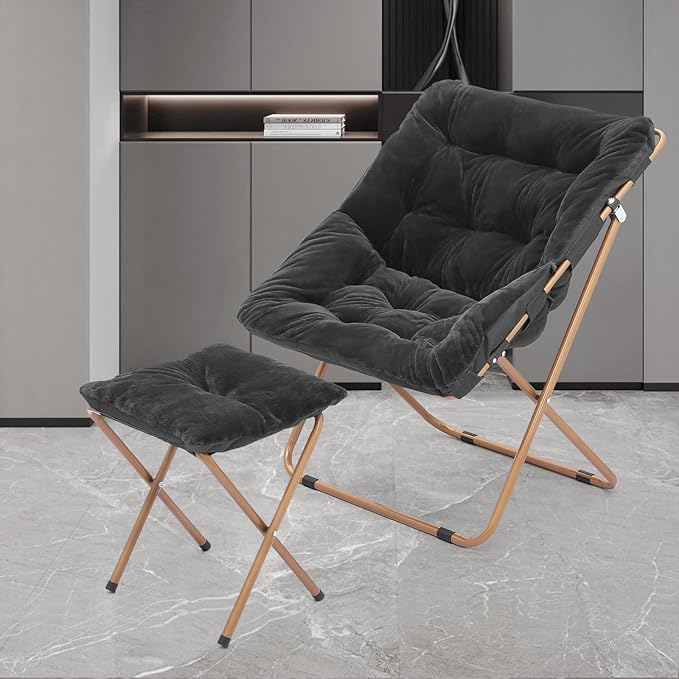 Athena Collection Comfy Saucer Chair and Ottoman Set for Adult Comfortable Faux Fur Square Oversize Folding Reading Chair with Metal Leg Lazy and Cozy for Bedroom Living Room Black