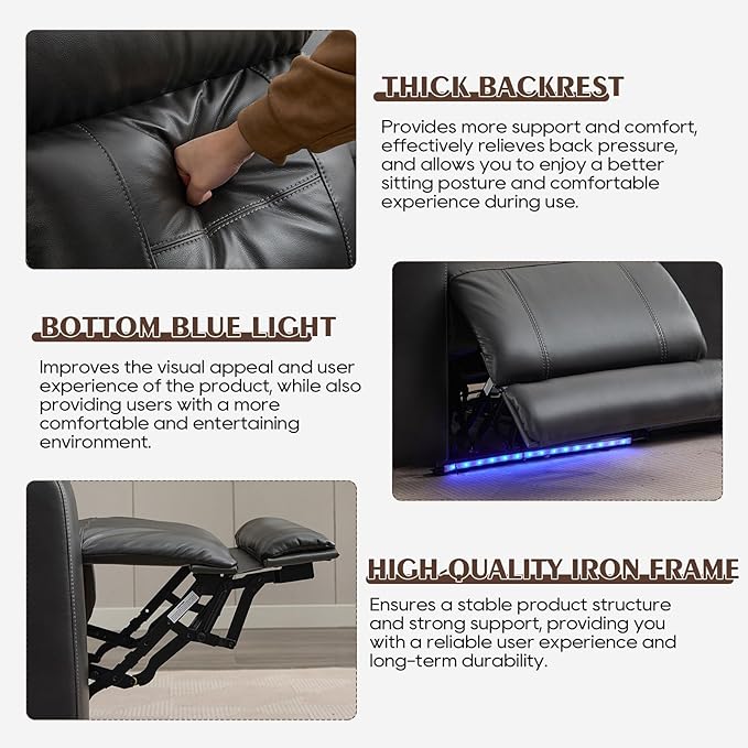 Power Reclining Sofa with Adjustable Headrest/LED Light Electric Reclining Couch with Dual Ports Storage Outlet Power Loveseat Recliner Sofa for Living RoomApartment (Dark Grey 3 Seater)