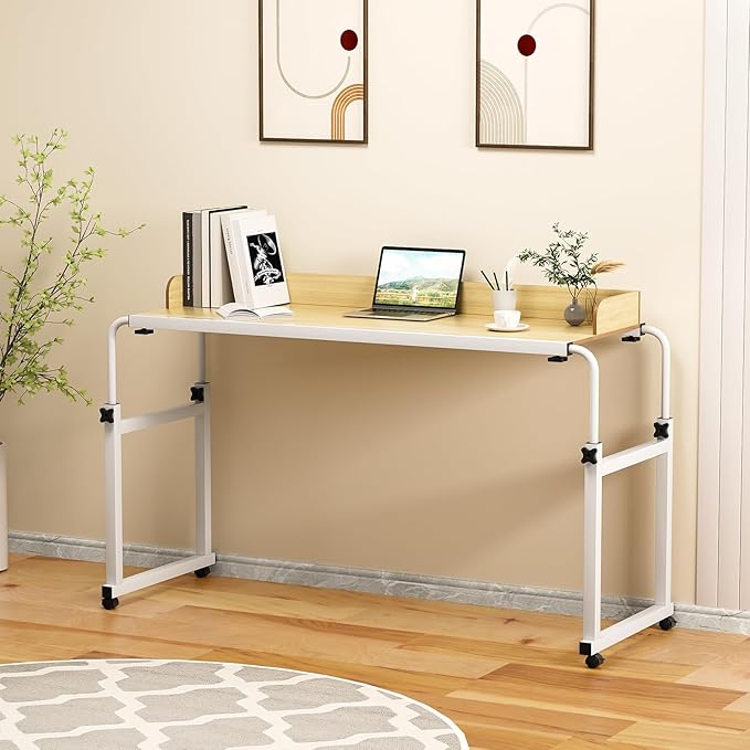 Adjustable Bed Table (47.2-82.7 Stretchy) - 25.6-37.4 Height Adjustable Overbed Desk with Lockable Wheels Raised Baffle for Single/Double Beds (Wooden Color-120 * 40cm)
