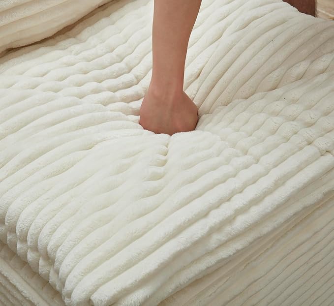Sleeper Sofa with Chaise Lounge Convertible Sectional Couch Bed Plush Corduroy 3-Seat Sofa with Blanket Deep Seat King Size Sleeper for Small Apartment No Assembly Required (White)