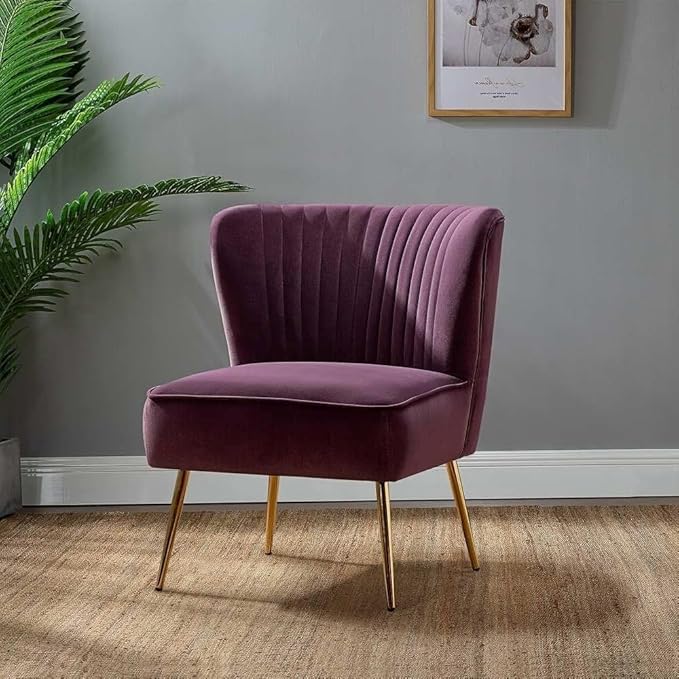 Purple Color Modern Chair for Living Room 29.5 in. D X 26 in. W X 31 in. H Size Foam Filled Velvet Seat Wood Frame Gold Legs Channel Tufted Backrest | All Season Pretty Plum Shade