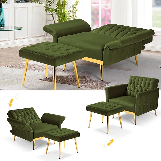 2 Pieces Velvet Sofa Set with Adjustable Armrest and Backrest 70” Convertible Futon Sofa Bed &amp Mordern Accent Chair with Ottoman for Living Room Bedroom Olive Green
