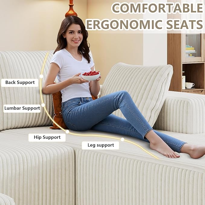 96 Cloud Sectional Couch with U-Shaped Chaise Corduroy Sectional Sofa with Ottoman Boneless Couch with Deep Seat in a Box for Living Room No Assembly Required (White Right Facing Chaise)