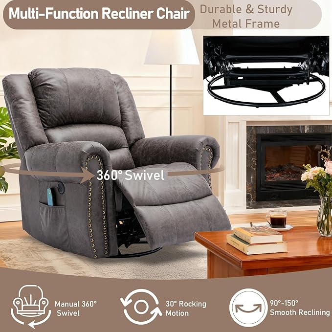Manual Massage Swivel Rocker Recliner with Heat and Vibration 360° Swivel Glider Rocking Recliner Chair Classic Living Room Lounge Recliners with Side Pockets &amp USB Ports Grey