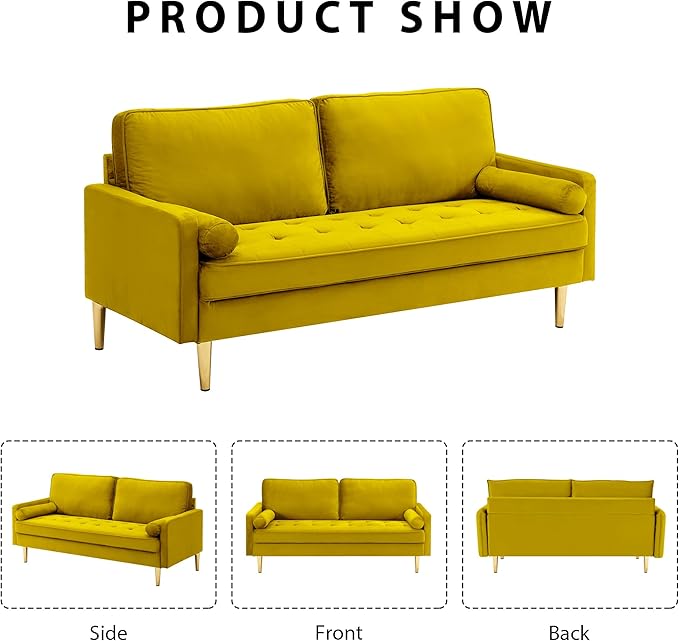 Velvet Loveseat Sofa 66.9'' Mid Century Modern Small Love Seats with 2 Pillows &amp Golden Legs Comfy Couch for Living Room Upholstered 2 Seater Sofa for Small Apartment (Yellow)