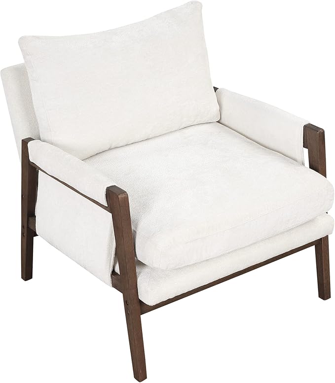 Modern Velvet Accent ChairMid-Century Leisure Chair with Solid Wood and Thick Seat Cushion Living Room Chair for Bedroom Studio Balcony or Club (White/Velvet)