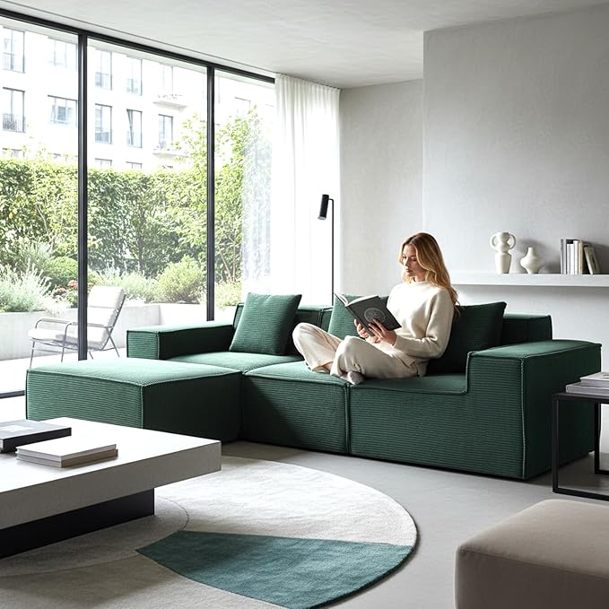 Rowan Convertible Corduroy Sectional Couch with Ottoman &amp Pillows Modular L Shaped Sleeper Sofa Boneless Cloud Couch for Living Room Furniture Dark Green