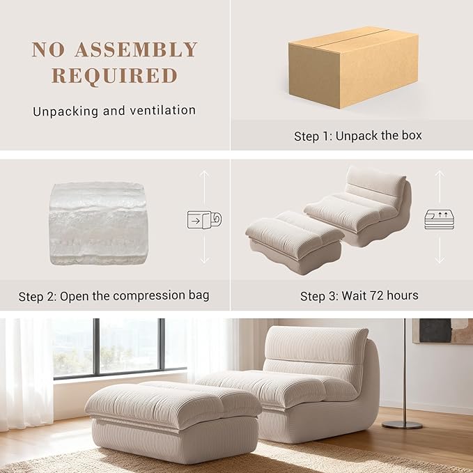 Boneless Chaise Lounge Chair Indoor Adult Bean Bag Chair with Ottoman Memory Foam Stuffed Lazy Sofa for Comfy Floor Sofa Lounge for Living Room Bedroom Office Apartment
