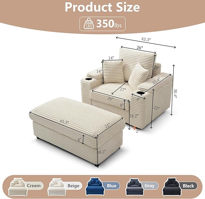 43.3”W Oversized Accent Chair with Ottoman &amp Storage Modern Corduroy Reading Chair with Cup Holder &amp Pillow Comfy Upholstered Deep Seat Armchair for Living Room Bedroom (Cream)