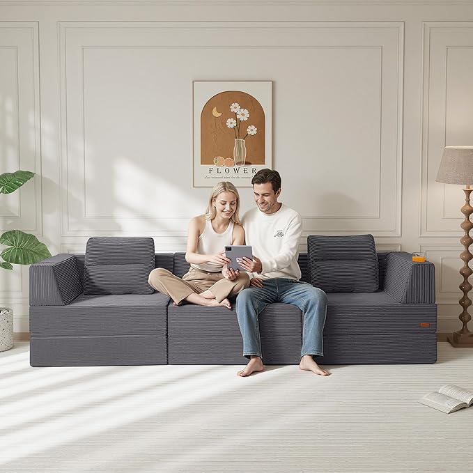 COMAX Futon Sofa Bed 3 Seater 106 Convertible Sofa Bed Couches for Living Room 4 in 1 Folding Boneless Sleeper Corduroy Couch Foam in a Box Comfy Foldable Lounge Fold Out Floor Mattress Grey