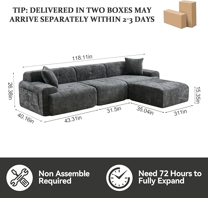 118 Modern L-Shaped Modular Sectional Sofa Oversized 3-Seater Couch with Deep Seat and Movable Ottoman Chenille Yarn Grey Cloud Sofa Couch for Living Room No Assembly