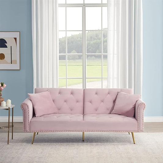 69.7'' Convertible Velvet Sleeper Sofa Bed Upholstered Futon Couch with Nail Head Trim and 2 Matching Throw Pillow for Living Room Bedroom Home Office (Pink)