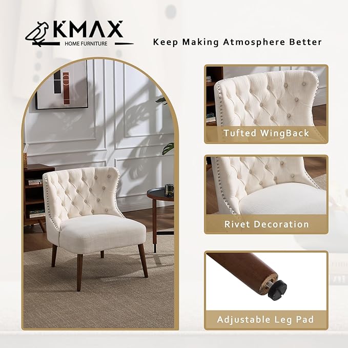 Kmax Accent Chair Slipper Chair with Button Tufted Wingback Armless Living Room Chair with Nails Decorative Modern Side Chair for Bedroom Reception Office Small Space - Linen Beige Walnut Legs