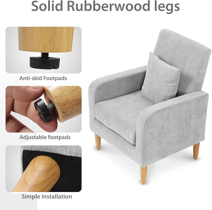 Upholstered Sofa Chair with Pillow Fabric Accent Armchair with Wooden Legs Comfy Lounge Chair for Living Room Bedroom or Office Supports up to 300 lbs (Gray)