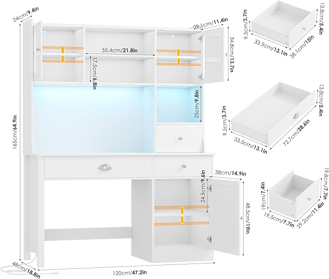 FACBOTALL Computer Desk with Hutch and RGB Lights 65 Office Desk with Power Outlet Makeup Vanity with 3 Doors &amp 3 Drawers White Executive Desks for Home Work and Study