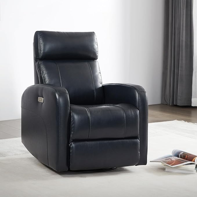 CHITA Genuine Leather Power Swivel Glider Recliner Chair for Adults FSC Certified Electric Nursery Rocker Recliner Chair for Living Room Navy Blue
