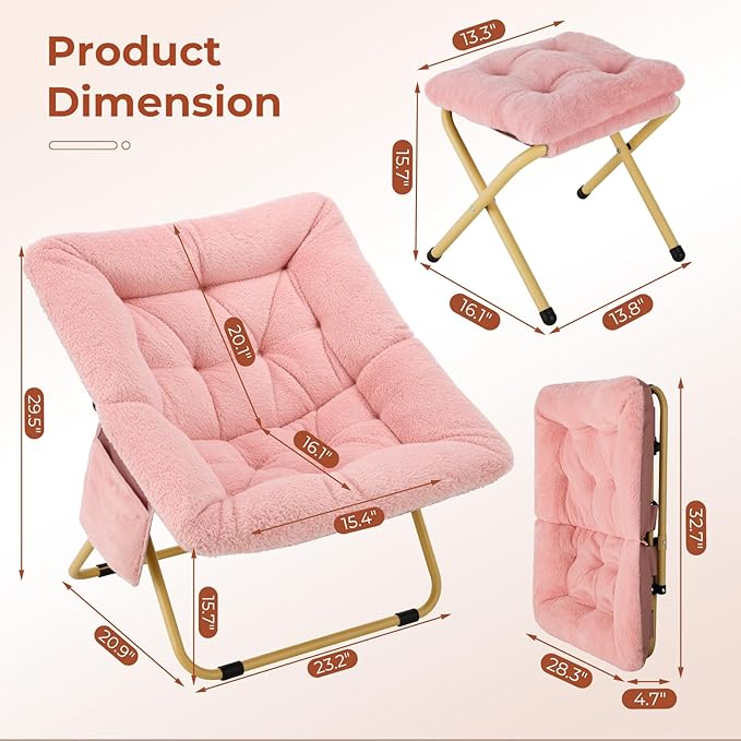 TLSUNNY Comfy Saucer Chair Foldable Lounge Lazy Chair with Ottoman Soft Faux Fur Reading Chair and Footstool for Teens Adults Metal Frame Moon Chair for Living Room Bedroom Dorms X-Large (Pink)